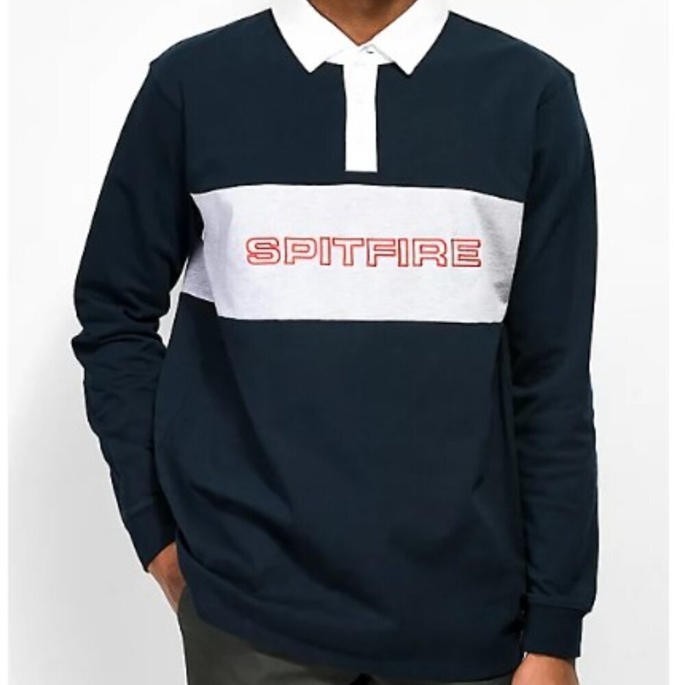 Spitfire Men's 'Geary' Black & White Embroidered Logo Polo/Rugby Shirt (Size L)